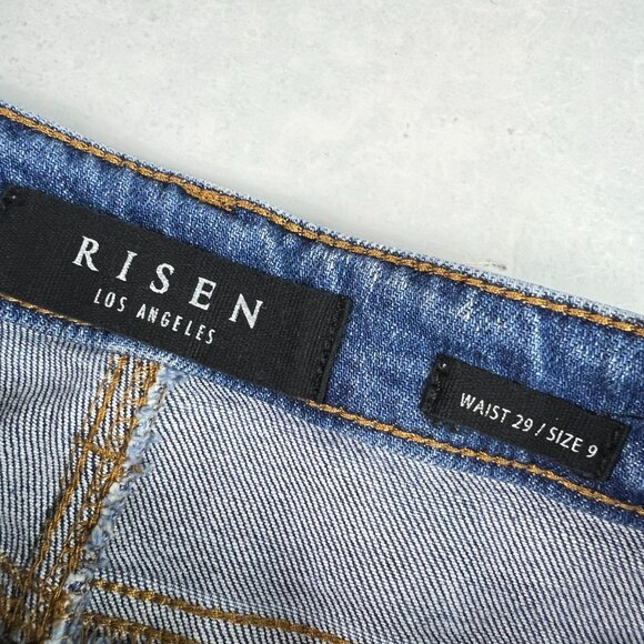 Risen Jeans Women 30x28* High Rise Flare Blue Faded Stretch Raw Hem Denim Tag 29 - Picture 7 of 16